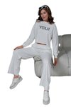 Ekru Üç İplik Şardonlu Lazer Kesim Enjeksiyon Baskılı Alt Üst Sweat İkili Takım