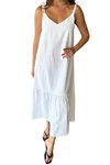 Ekru Uzun Yazlık Askılı Pamuklu Poplin Kumaş İnce Elbise