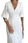 Ekru Uzun Yazlık Beyaz V Yaka Astarlı Düğme Detaylı Kısa Kollu Elbise
