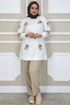 Ekru Yeşil Dikme Çiçek Aksesuarlı Tunik