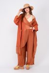 Terracotta Italian Silk Detailed Oversize Cape Blouse and Trousers Set