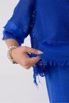 Saks Mavi İtalyan Saçak Detaylı Müslin Keteni Yırtmaçlı Bluz &amp; 2'li Takım Midi Elbise