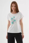 Beyaz Kısa Kollu Çiçekli T-shirt