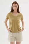 Olive V Yaka Kısa Kollu Bluz