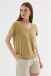 Olive V Yaka Kısa Kollu Bluz