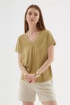 Olive V Yaka Kısa Kollu Bluz