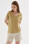 Olive V Yaka Kısa Kollu Bluz