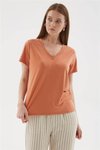 Oranj V Yaka Kısa Kollu Bluz