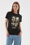 Siyah Kalp Baskılı Kısa Kollu T-shirt