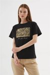 Siyah Sıfır Yaka Kısa Kollu Baskılı T-shirt