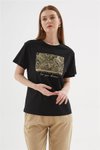 Siyah Sıfır Yaka Kısa Kollu Baskılı T-shirt