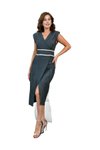 Smoked Midi Pleated Wrap Neck Dress with Knitted Stripe Detail
