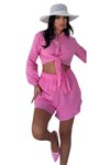 Fuchsia Two-Piece Front-Tie Detail Shorts and Shirt 100% Cotton Muslin Set