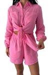Fuşya İkili Önden Bağlama Detaylı Şort Gömlek %100 Pamuk Müslin Takım