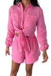 Fuşya İkili Önden Bağlama Detaylı Şort Gömlek %100 Pamuk Müslin Takım