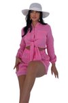 Fuşya İkili Önden Bağlama Detaylı Şort Gömlek %100 Pamuk Müslin Takım