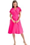 Fuşya Midi Yazlık Kısa Kollu Aerobin Kumaş Kemer Detaylı Gizli Cepli Elbise