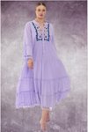 Fuchsia Long Back Pleated Front Buttoned Embroidered Patterned Linen Design Dress with Inner Lining
