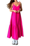 Fuşya Uzun Yazlık Askılı Pamuklu Poplin Kumaş İnce Elbise