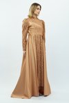 Gold Payetli Drapeli Saten Tesettür Abiye Elbise