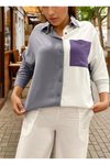 Gri Beyaz Mor Renk Detaylı Arkası Uzun Kollu Dökümlü Tunik Gömlek