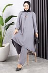 Gri Kolyeli Yırtmaç Detaylı İkili Tesettür Takım