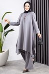 Gri Kolyeli Yırtmaç Detaylı İkili Tesettür Takım