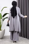 Gri Kolyeli Yırtmaç Detaylı İkili Tesettür Takım