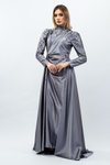 Gri Taş Detaylı Saten Tesettür Abiye Elbise