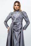 Gri Taş Detaylı Saten Tesettür Abiye Elbise