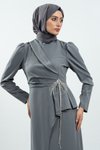 Gri Taş Detaylı Tesettür Abiye Elbise