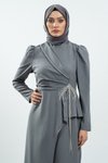 Gri Taş Detaylı Tesettür Abiye Elbise