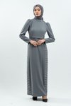 Gri Taş Detaylı Tesettür Abiye Elbise