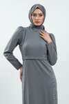 Gri Taş Detaylı Tesettür Abiye Elbise