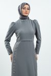 Gri Taş Detaylı Tesettür Abiye Elbise