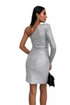 Gümüş Mini Pul Payet Tasarım Tek Omuzlu Kol Modern Abiye Elbise