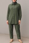 Haki Boydan Düğmeli Pantolon Gömlek Keten İkili Takım
