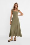 فستان كتان متوسط الظهر متقاطع باللون الزيتي