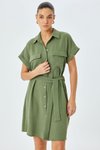 Haki Mini Cep Detaylı Kısa Kollu Düğmeli Kuşak Gömlek Elbise