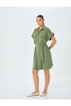Haki Mini Cep Detaylı Kısa Kollu Düğmeli Kuşak Gömlek Elbise