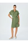 Haki Mini Cep Detaylı Kısa Kollu Düğmeli Kuşak Gömlek Elbise