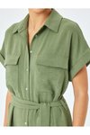 Haki Mini Cep Detaylı Kısa Kollu Düğmeli Kuşak Gömlek Elbise