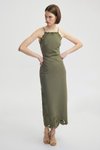Haki Uzun Askılı İşlemeli Halter Yaka Elbise