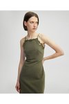 Haki Uzun Askılı İşlemeli Halter Yaka Elbise