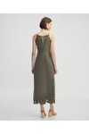 Haki Uzun Askılı İşlemeli Halter Yaka Elbise