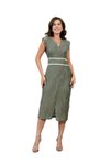 Haki Yeşil Midi Piliseli Kruvaze Yaka Örgü Şerit Detaylı Elbise