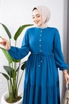 İndigo Belden Bağcıklı Viskon Tesettür Elbise