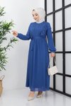 İndigo İnci Detaylı Tesettür Elbise