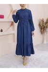 İndigo Omuzu İncili Beli Lastikli Parçalı Uzun Kot Tesettür Elbise
