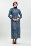 İndigo Simli Tüy Detaylı Tesettür Abiye Elbise